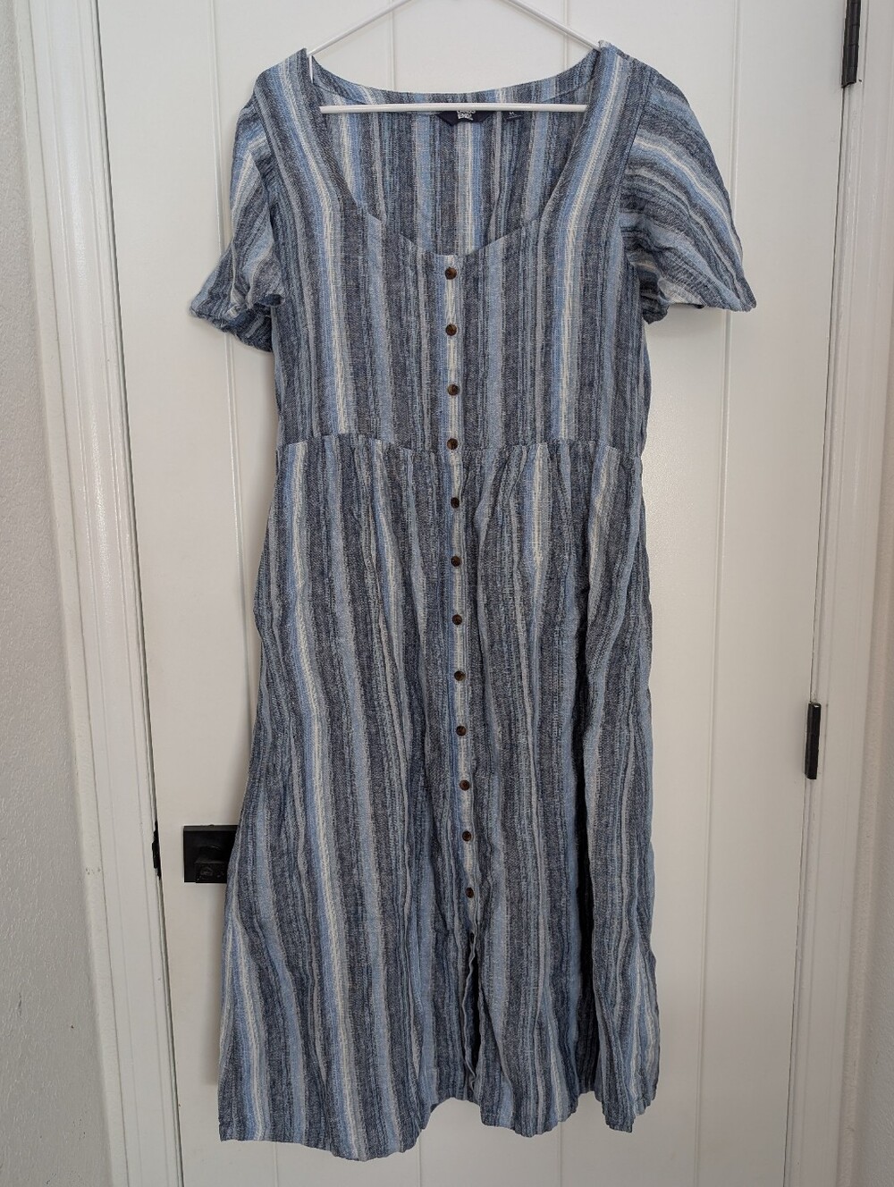 Lands' End Linen Blue and White Striped Button-Front Dress